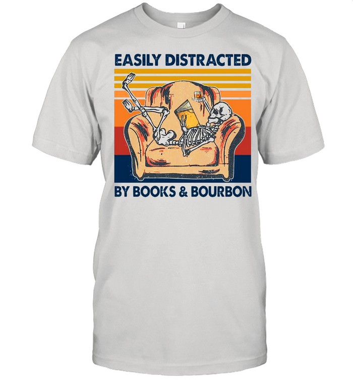 Vintage Skeleton Easily Distracted By Book And Bourbon 2021 shirt Classic Mens T-shirt