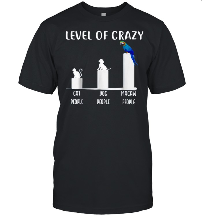 Level of crazy cat people dog people macaw people shirt