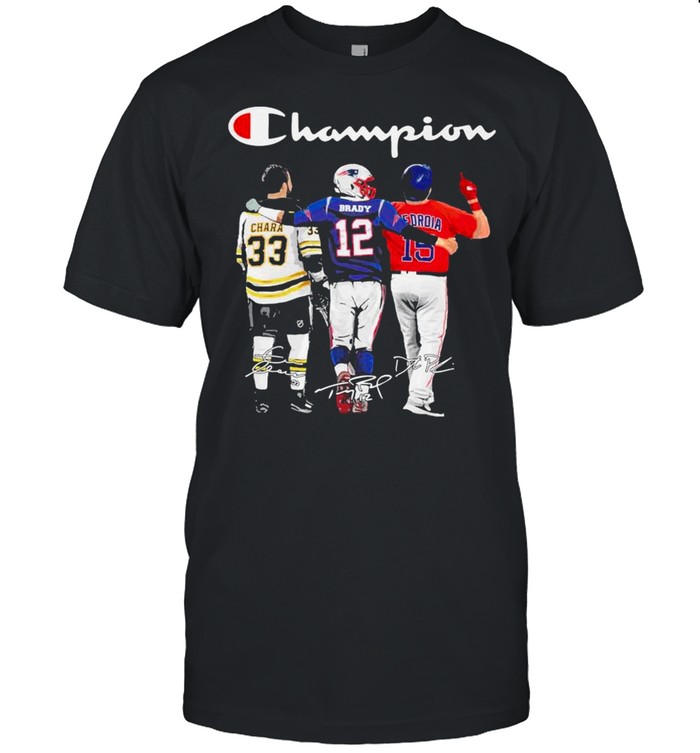 Champion Zdeno Chara Tom Brady vs Dustin Pedroia Mvp signatures shirt