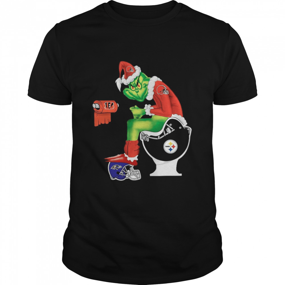 Cleveland Browns Grinch sitting on Pittsburgh Steelers toilet and step on Baltimore Ravens helmet shirt