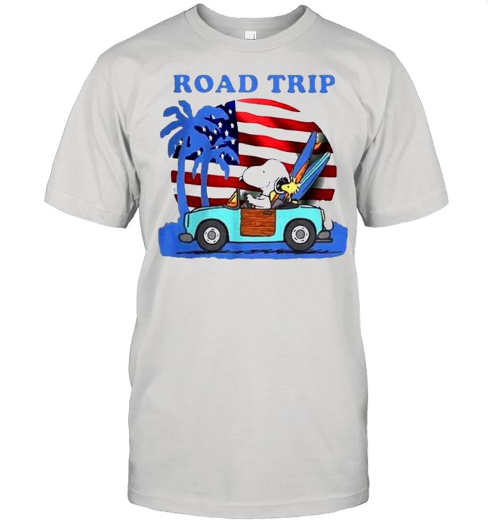 Snoopy And Woodstock Riding Car Road Trip American Flag Independence Day shirt