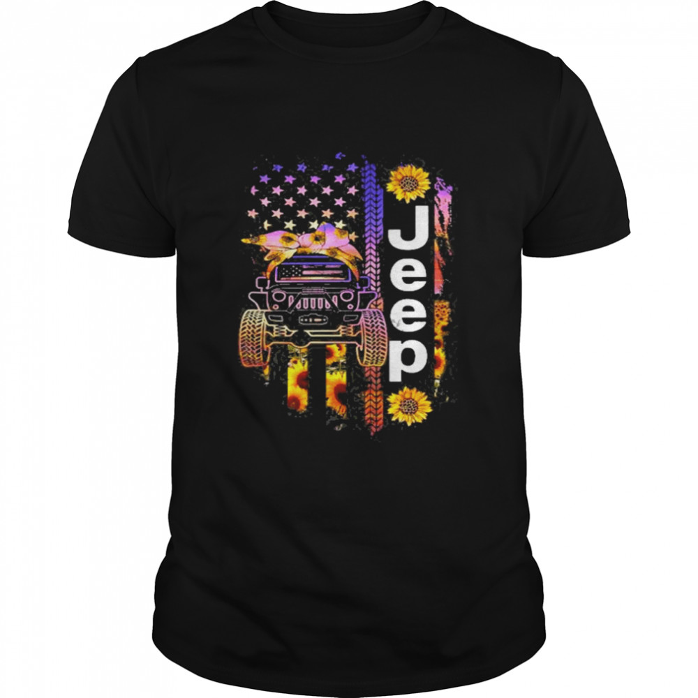 Jeep Wearing Sunflower Bandana Wheel Print American Flag shirt