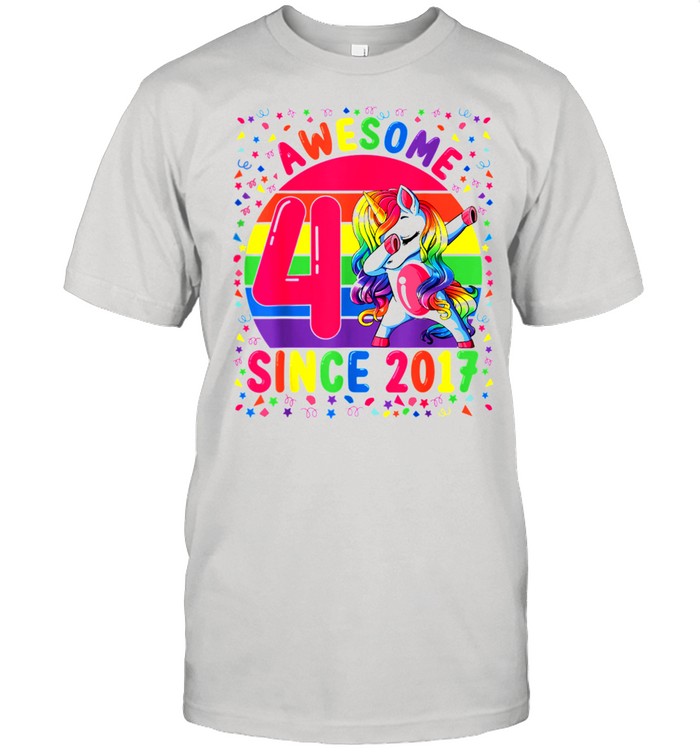 4YearOld Birthday Awesome Since 2017 Dabbing Unicorn shirt