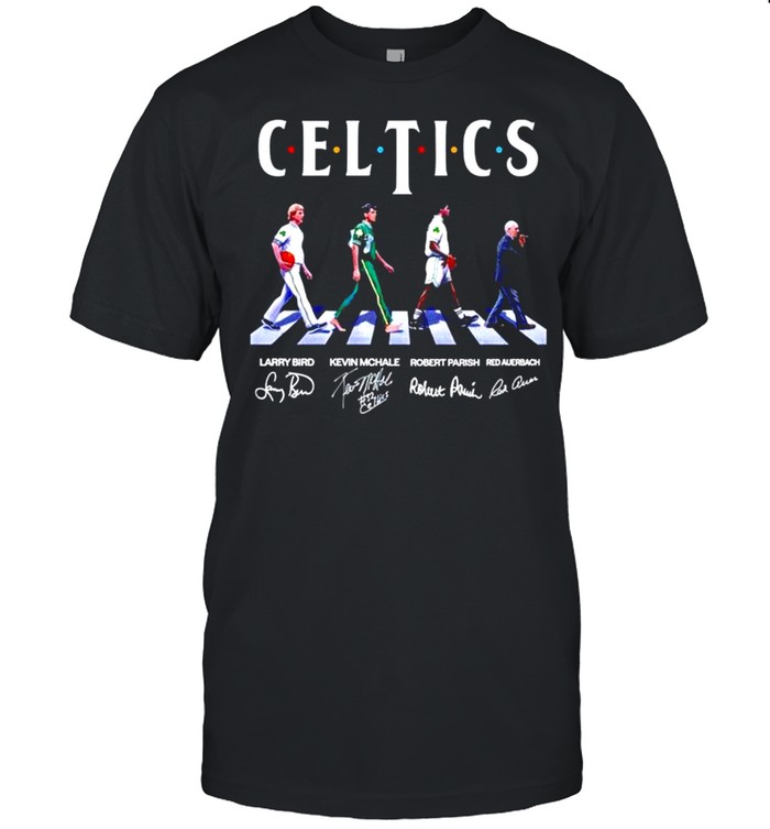 Boston Celtics Larry Bird Kevin Mchale Robert Parish Red Auerbach abbey road signatures shirt