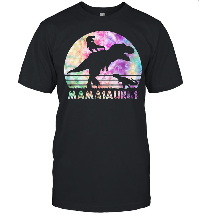 Mamasaurus Tie Dye Sunset Funny Dinosaur Mother Of 2 Kids T-shirt