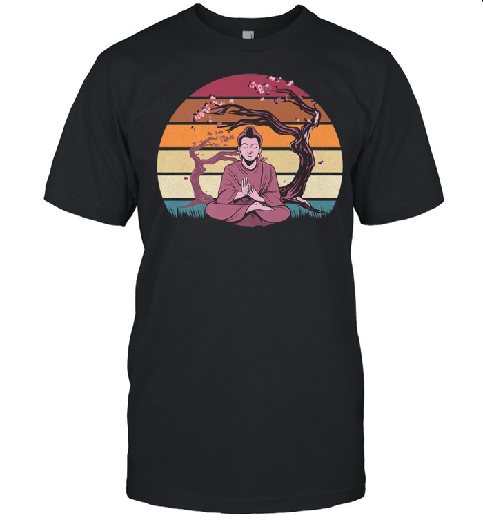 Meditating Zen Retro vintage sunset Buddha Sakura shirt