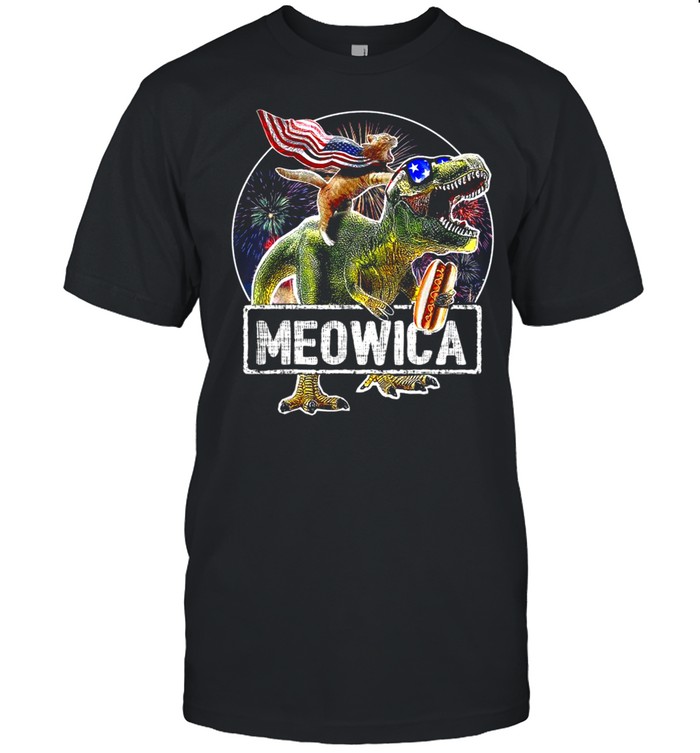 Cat Riding Dinosaur Meowica 4th of July shirt