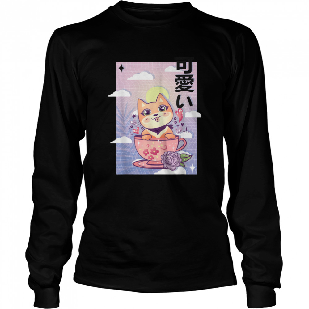 Kawaii Dog 80s Japanese Anime Otaku Aesthetic Vaporwave shirt Long Sleeved T-shirt