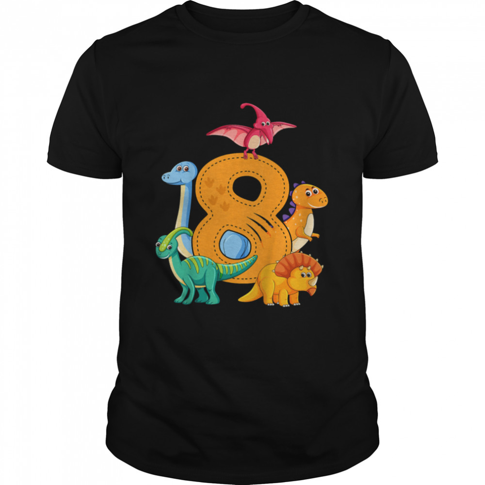 Kids 8 Eighth Birthday Dinosaur Dino Saurus Anniversary shirt