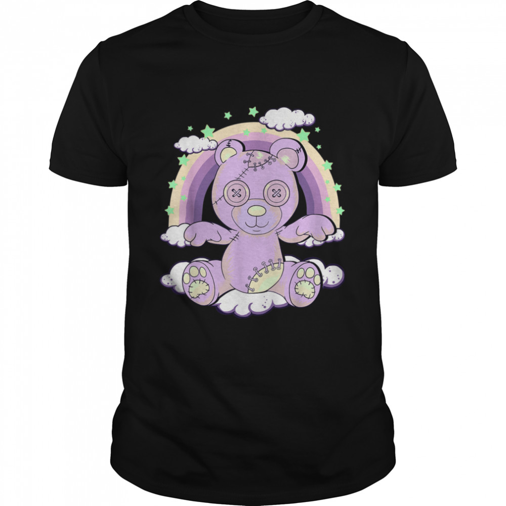 Kawaii Pastel Goth Creepy Teddy Bear on Rainbow Clouds Shirt