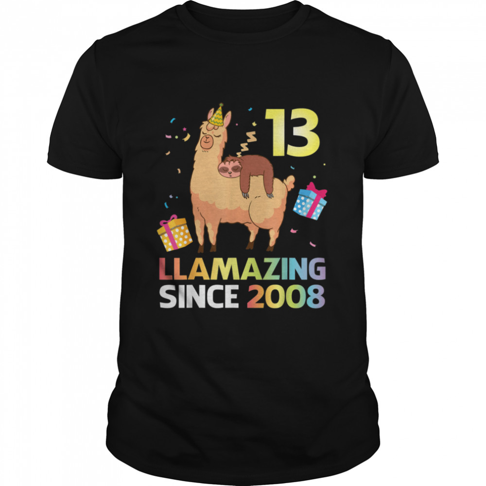 Sloth Sleep On Llama Birthday 13 Years Llamazing Since 2008 Shirt