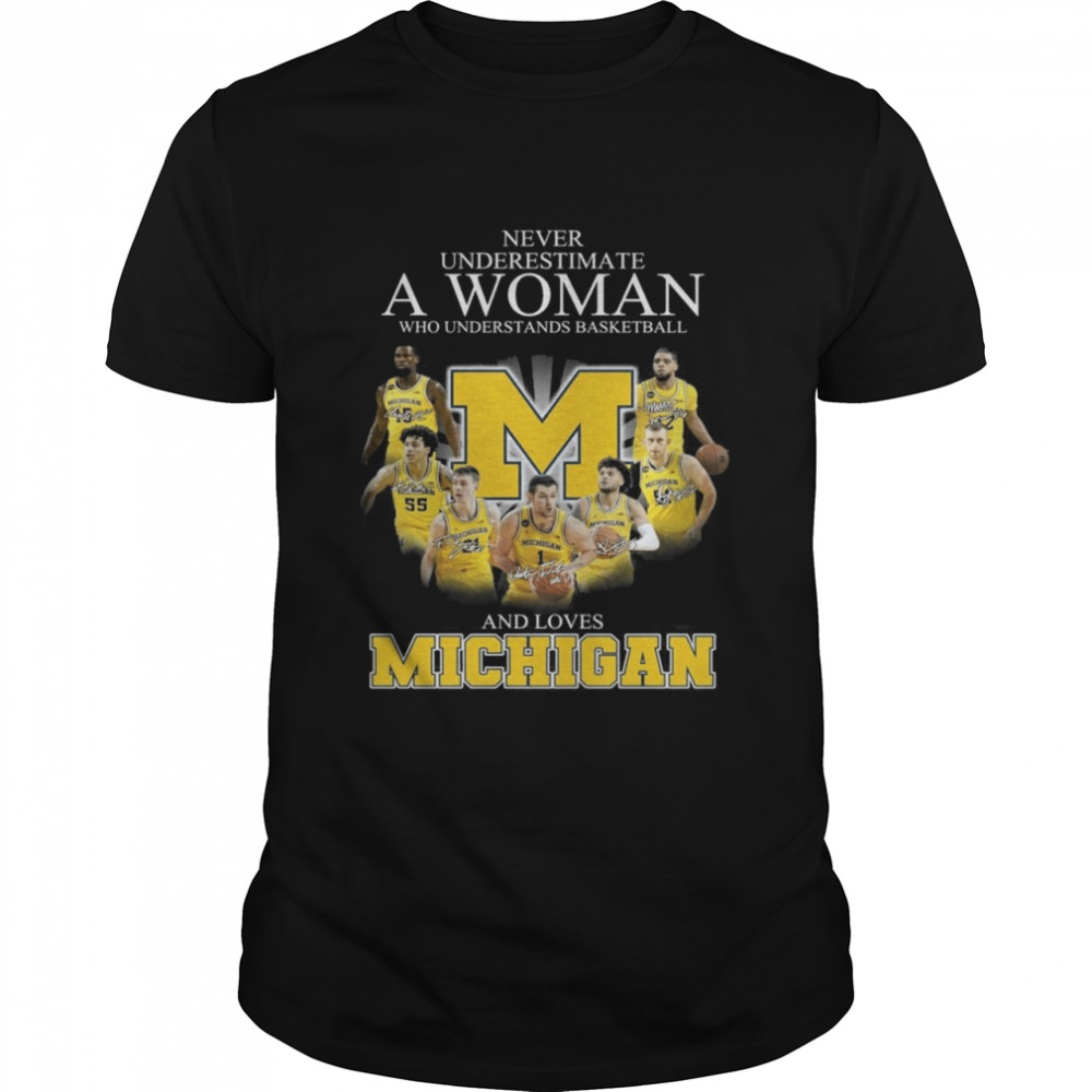 Michigan Wolverines Teams Basketball Never Underestimate A Woman And Love Michigan Signatures shirt