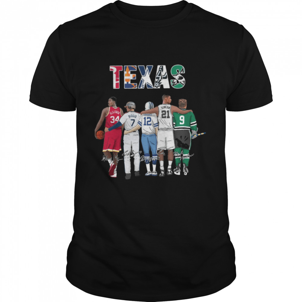 Texas Sport Teams With 34 Olajuwon 7 Biggio 12 Staubach 21 Duncan And 9 Modano Signatures Shirt