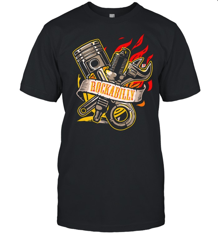 Rockabilly PinUp Engine Piston Wrench On Fire Mechanic Shirt