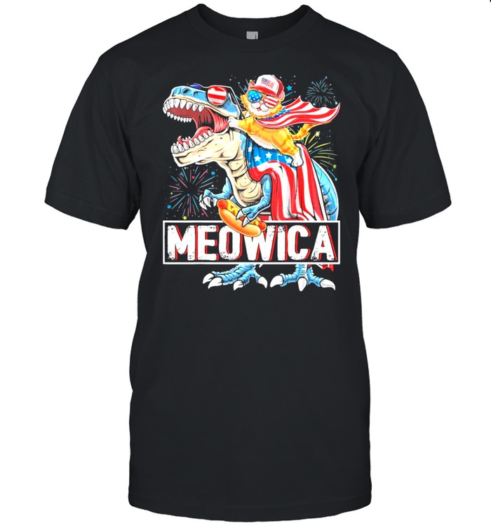 Meowica Cat Riding T- Rex Dinosaur 4th Of July American Flag Kids shirt