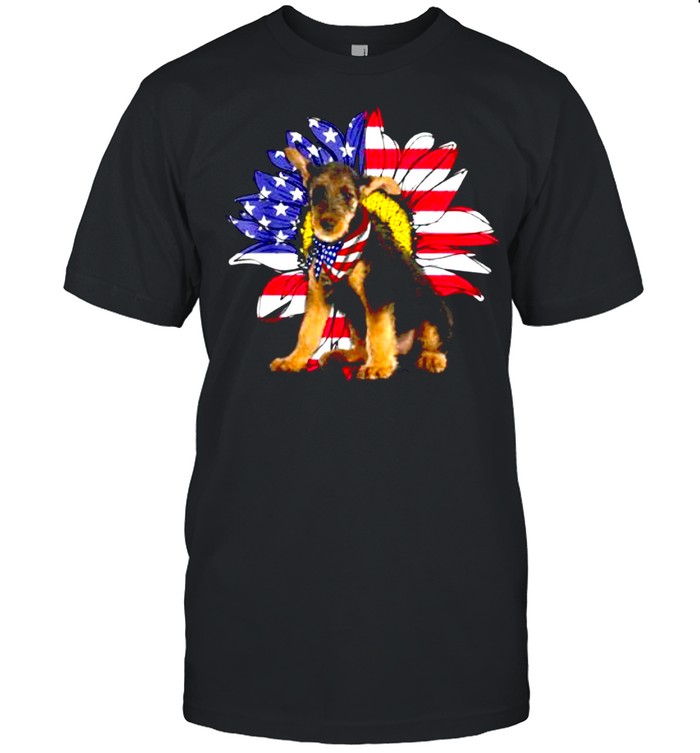 Sunflower American Flag Airedale Terrier Dog Lovers Owners Shirt