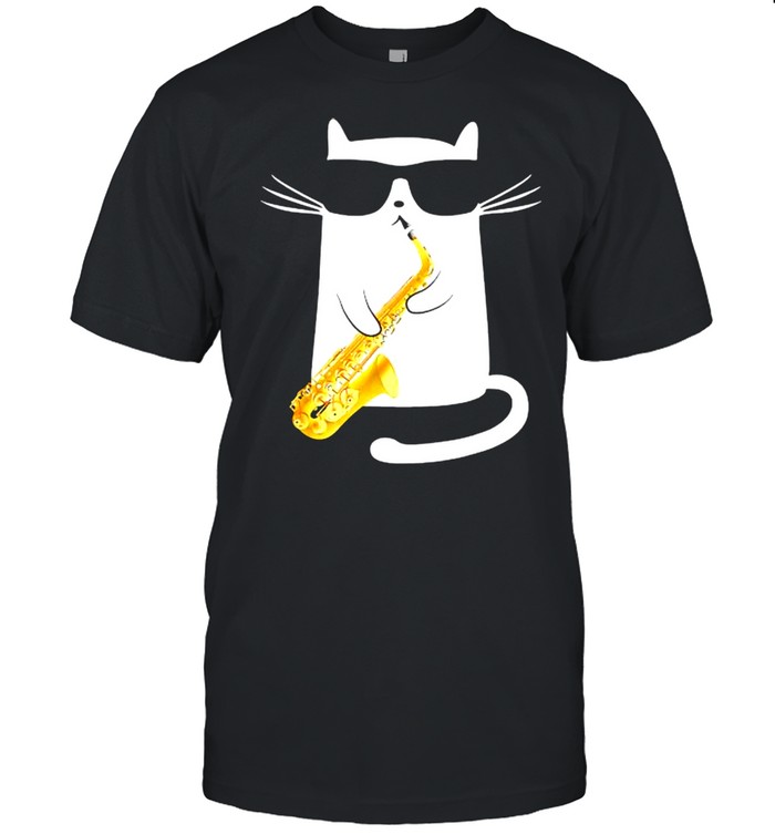 White cat playing saxophone shirt