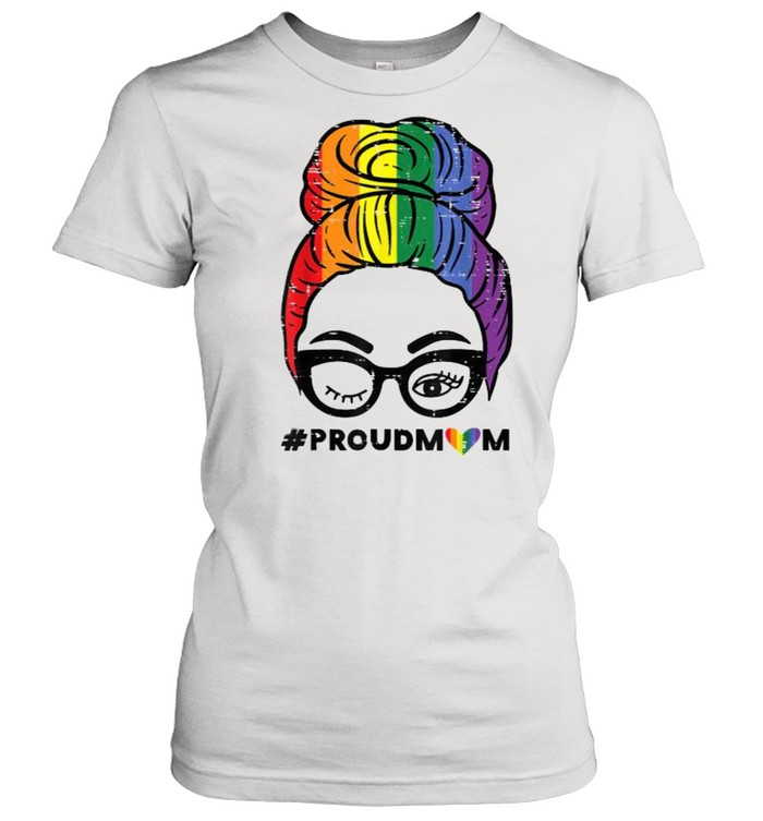 Proud Mom Messy Hair Bun LGBTQ Rainbow Flag  Classic Women's T-shirt