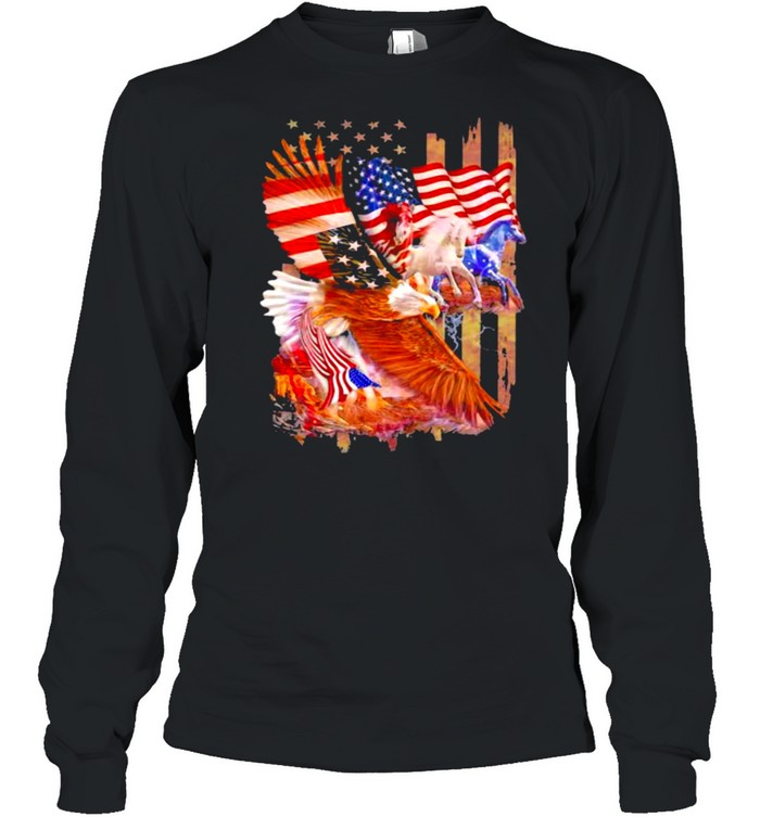 Horse Freedom And Eagle American Flag  Long Sleeved T-shirt
