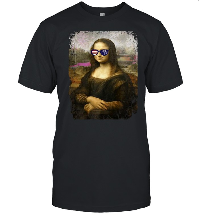 Art Meme Mona Lisa American Flag Sunglasses T-shirt