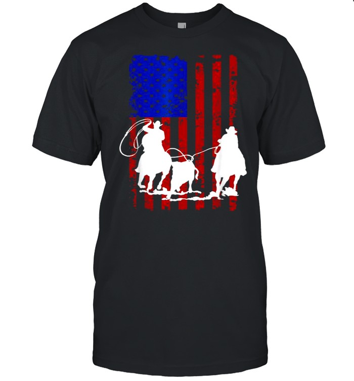 American Flag Team Roping Horse 4th Of July Patriotic T-Shirt