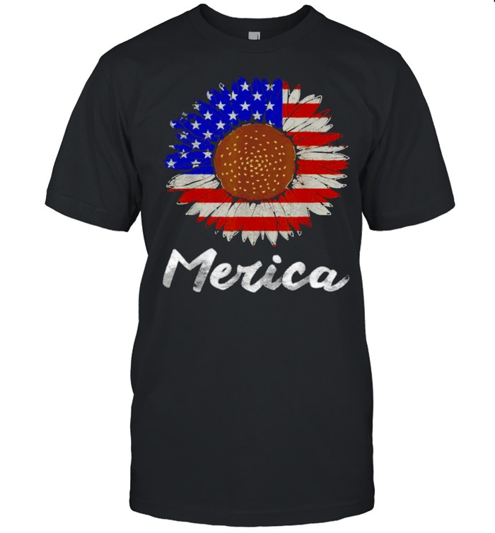 Merica American Flag Sunflower 4th July T-Shirt