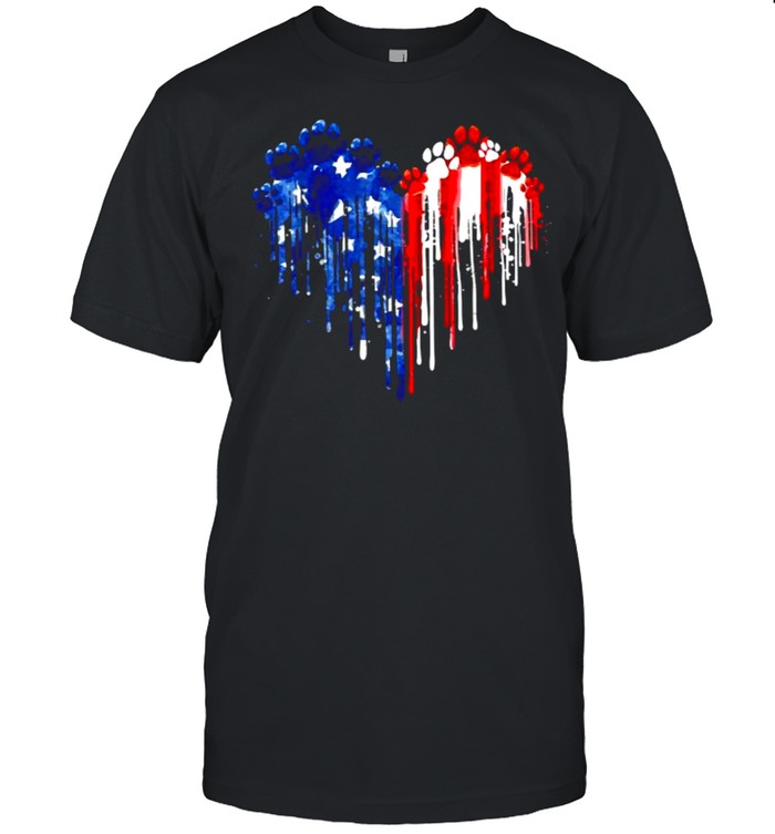 Dripping Heart Dog Paw American Flag 4th Of July Patriotic T-Shirt