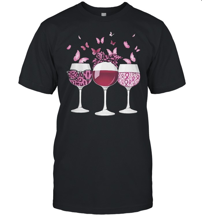 Pink Ribbon Wine Glass Butterfly Breast Cancer Awareness T-shirt