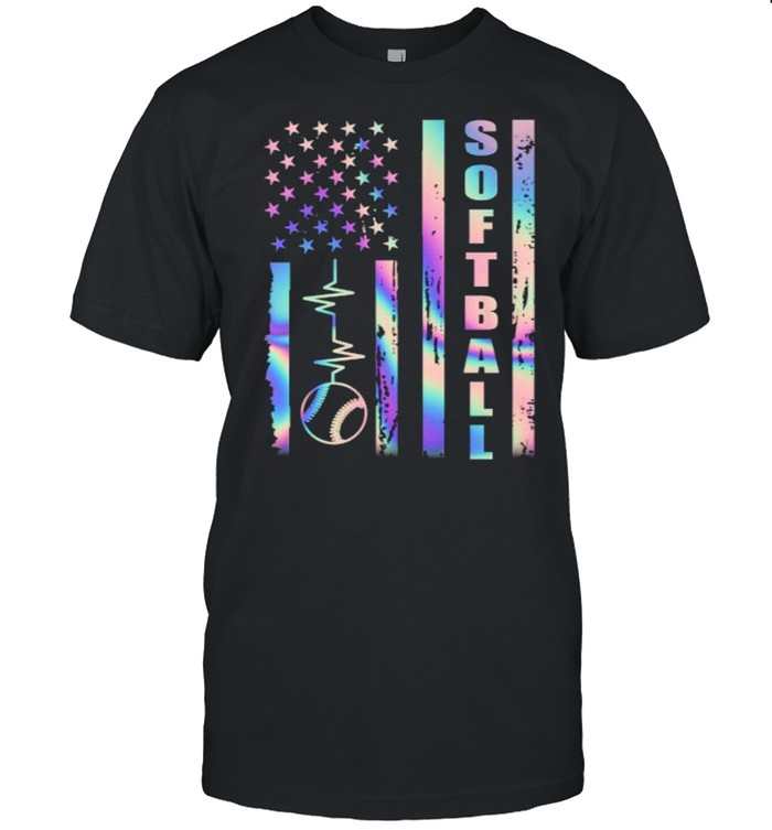 Softball American Flag Heart Beat Hologram T-Shirt