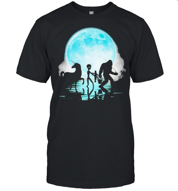 Bigfoot fishing with alien unicorn shirt