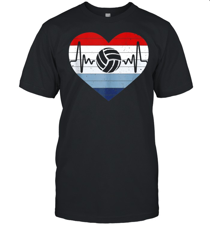 Mens I Love Volleyball Red White & Blue Vintage Heart & Heartbeat shirt