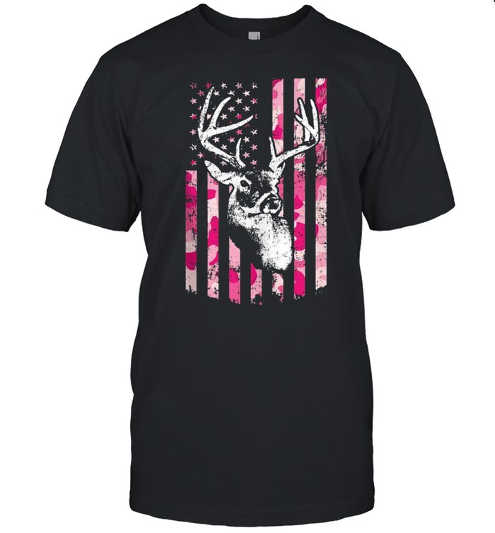 Whitetail Buck Deer Hunting Pink Camo American Flag shirt