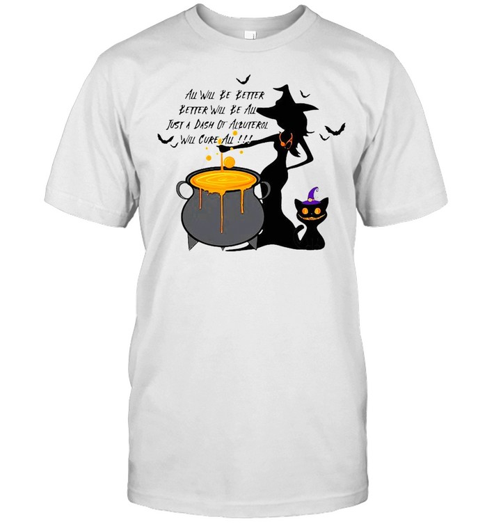 Black Girl And Cat Respiratory Therapist Witch Albuterol Brew Halloween T-shirt