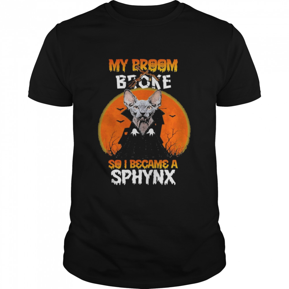 chat sans poil dessin my broom broke so I became a sphynx halloween shirt