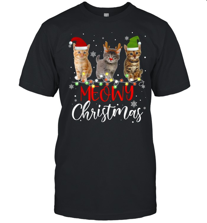 Cat Christmas Santa Hat Lights Meowy Cats Xmas shirt