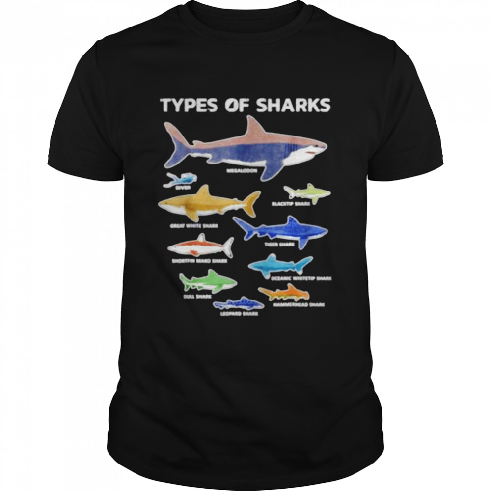 9 Types of sharks educational colorful ocean shirt