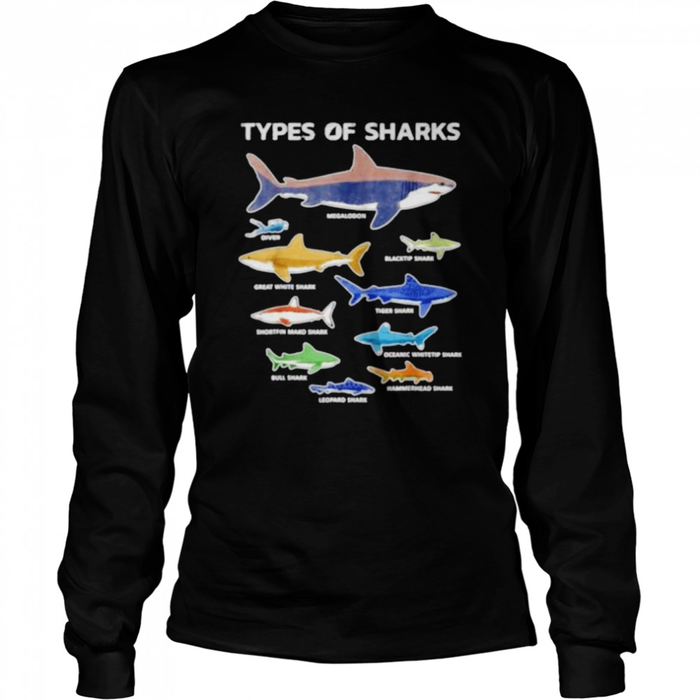 9 Types of sharks educational colorful ocean shirt Long Sleeved T-shirt