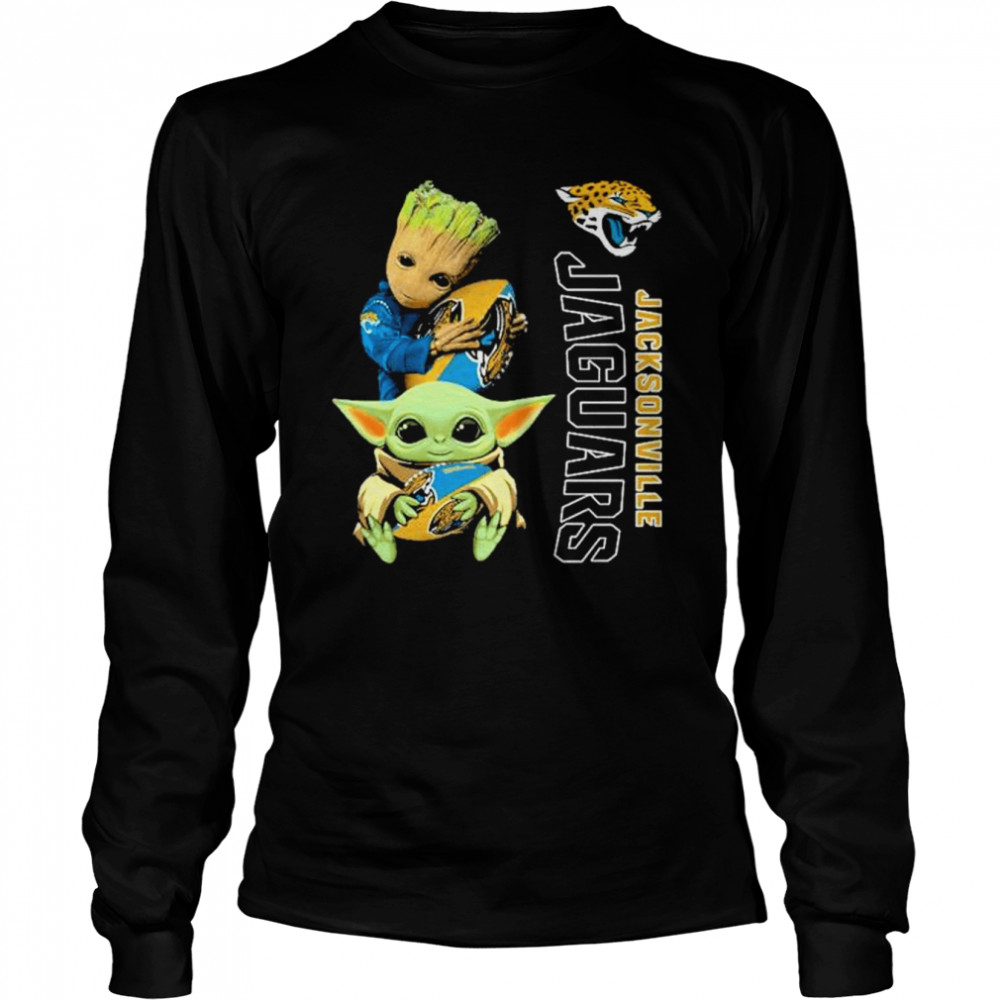 Baby Yoda and Baby Groot hug Jacksonville Jaguars shirt Long Sleeved T-shirt
