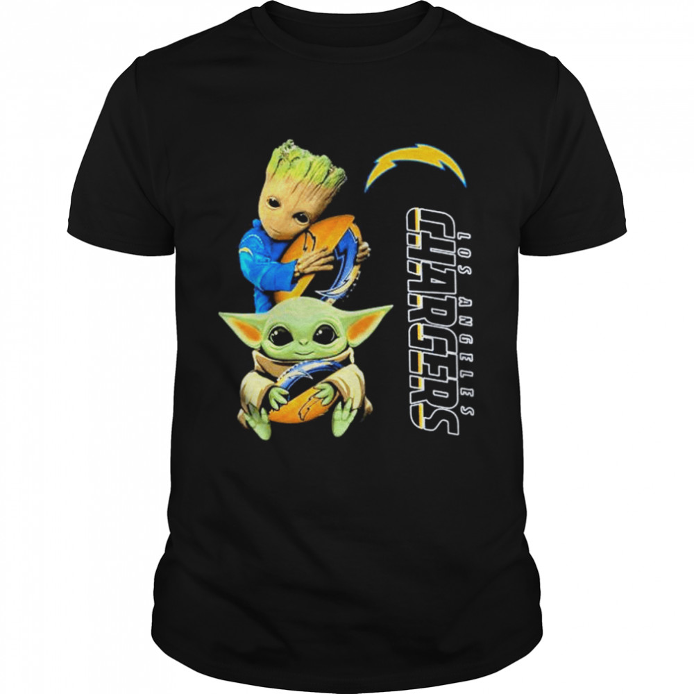 Baby Yoda and Baby Groot hug Los Angeles Chargers shirt