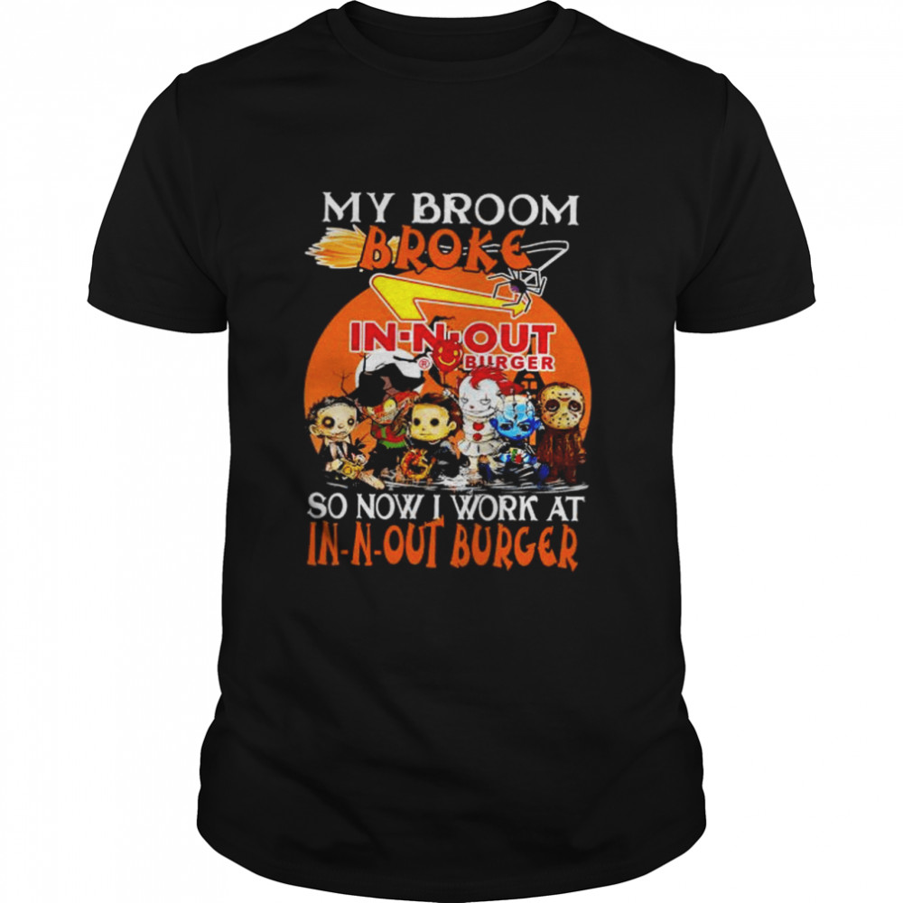 Chibi Horror characters my broom broke so now I work at In N Out Burger Halloween shirt