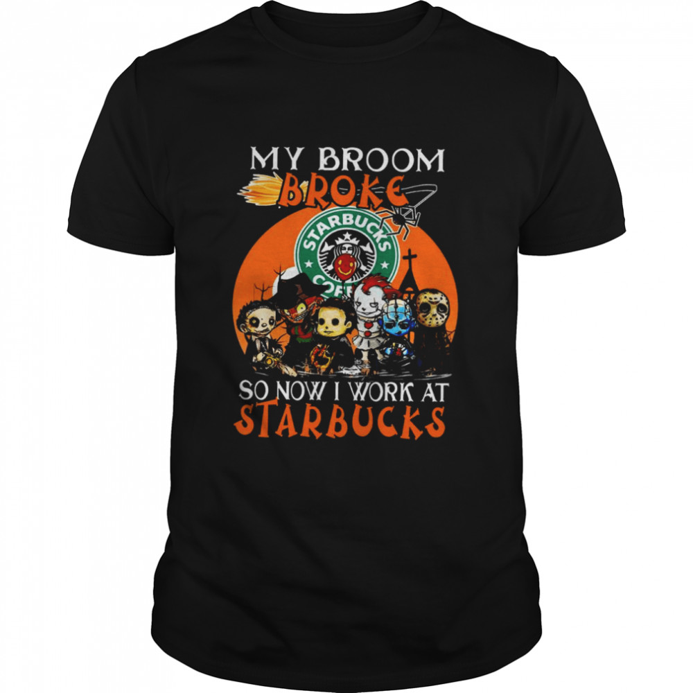 Chibi Horror characters my broom broke so now I work at Starbucks Halloween shirt