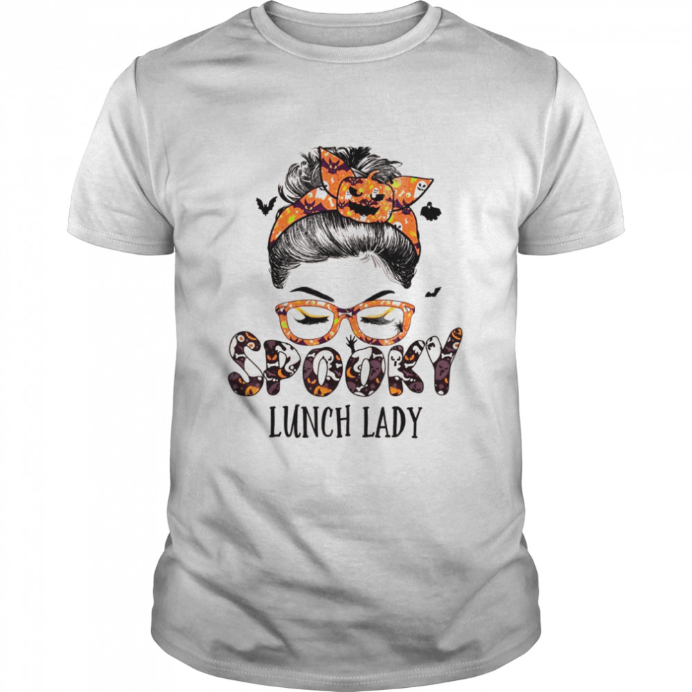 Messy Bun Spooky Lunch Lady Pumpkin Halloween Bat Shirt