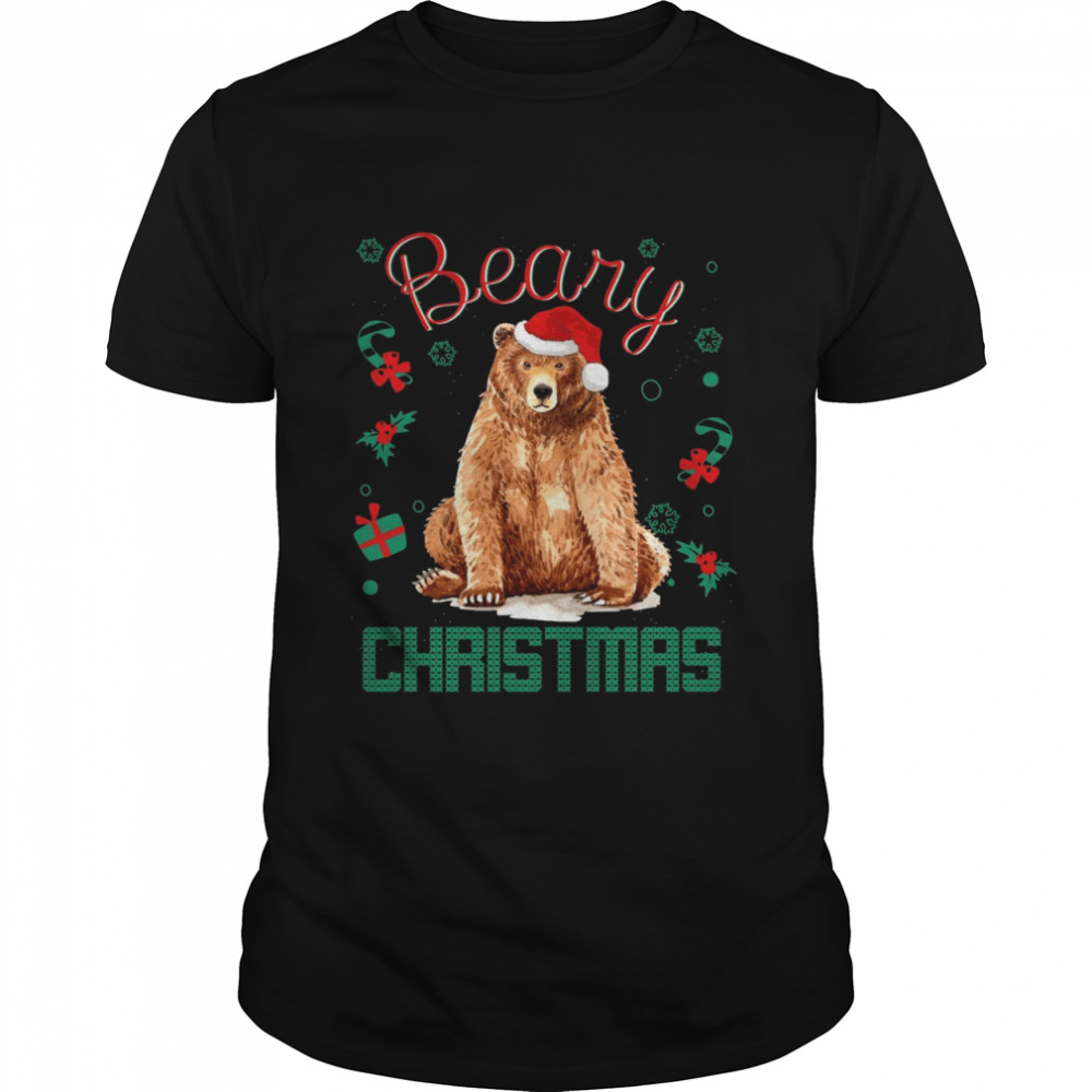 Beary Christmas Brown Grizzly Bear Santa Hat Shirt