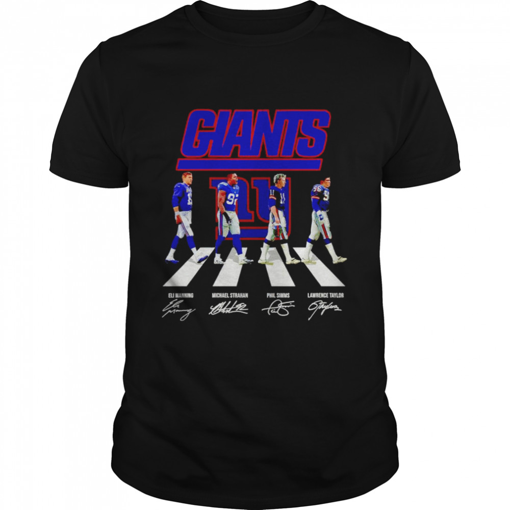 New York Giants Eli Manning Michael Strahan Phil Simms Lawrence Taylor signatures Abbey Road shirt