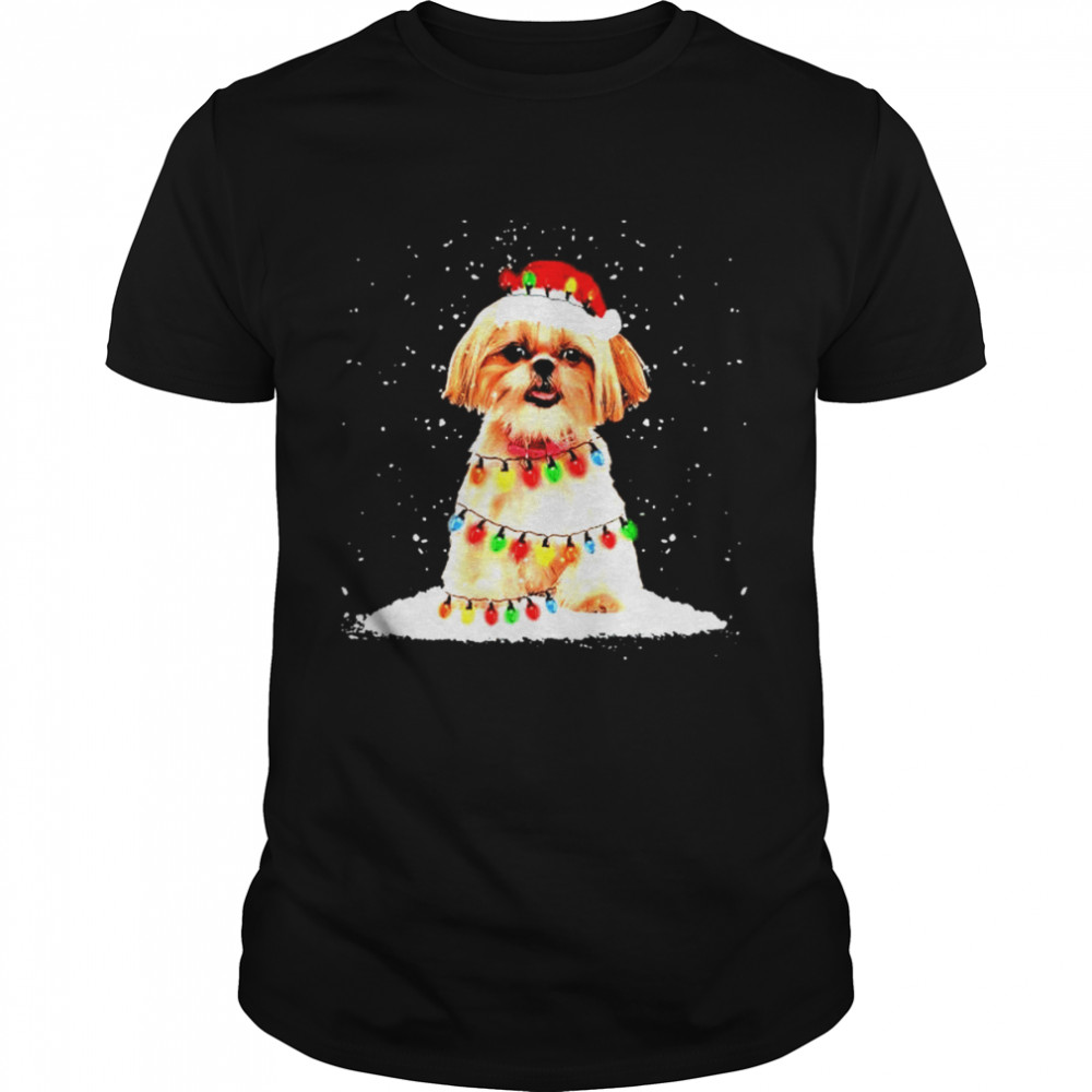 shih tzu with christmas hat and fairy lights for christmas shirt