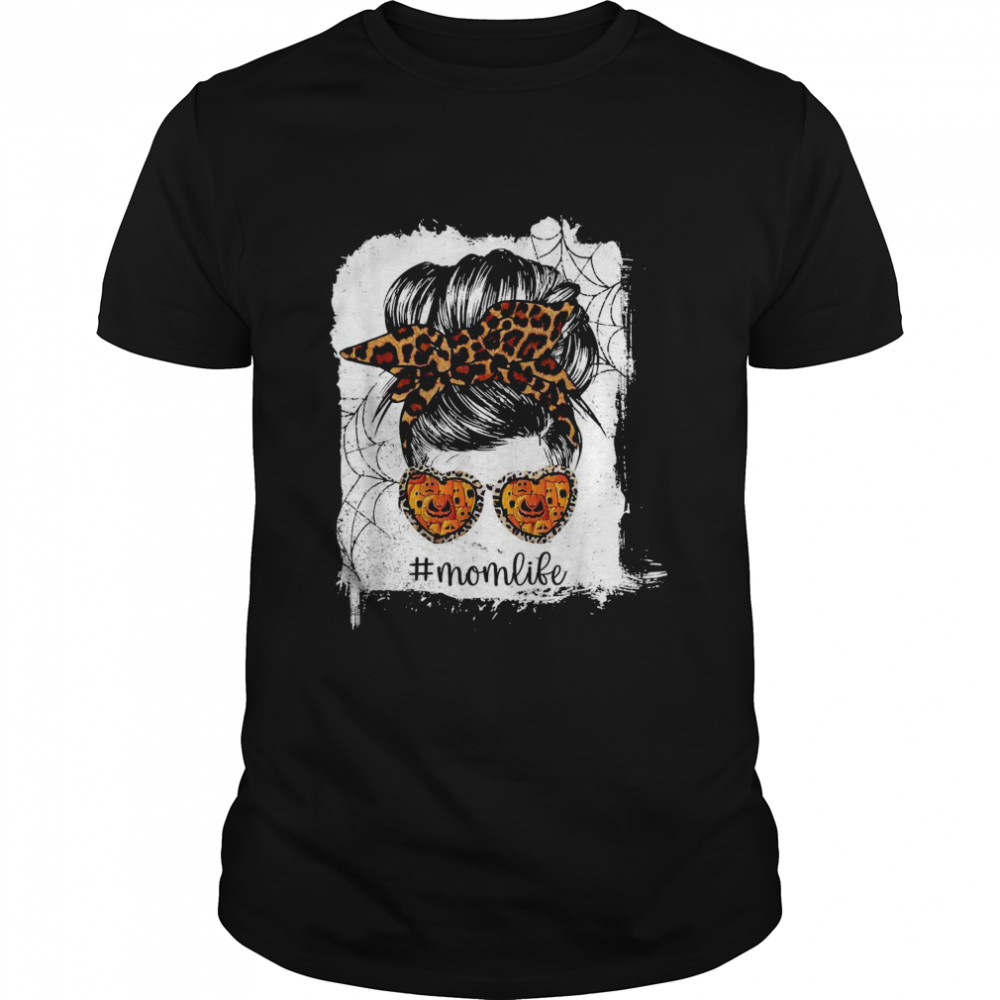 Mom Life Leopard Messy Bun Halloween Skull Bleached Shirt