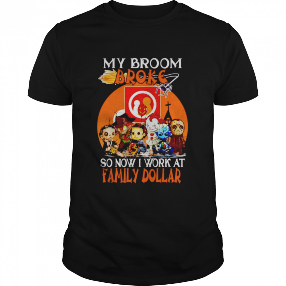 Horror Halloween chibi my broom broke so now I work at Family Dollar shirt