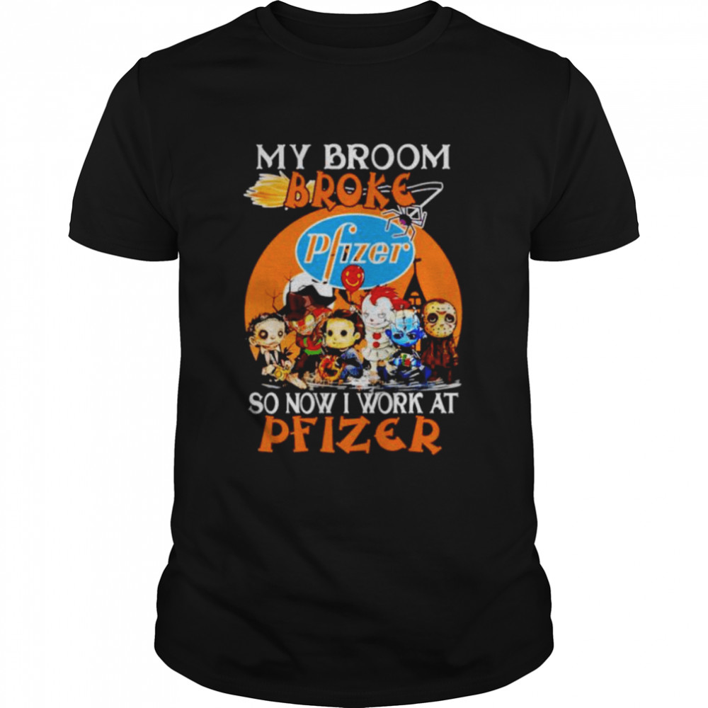 Horror Halloween chibi my broom broke so now I work at Pfizer shirt