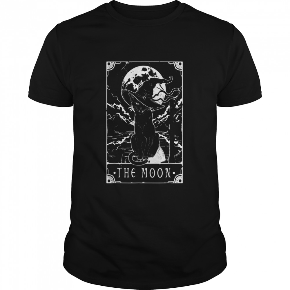 Tarot Card Crescent Moon And Black Cat Witch Hat Halloween Shirt