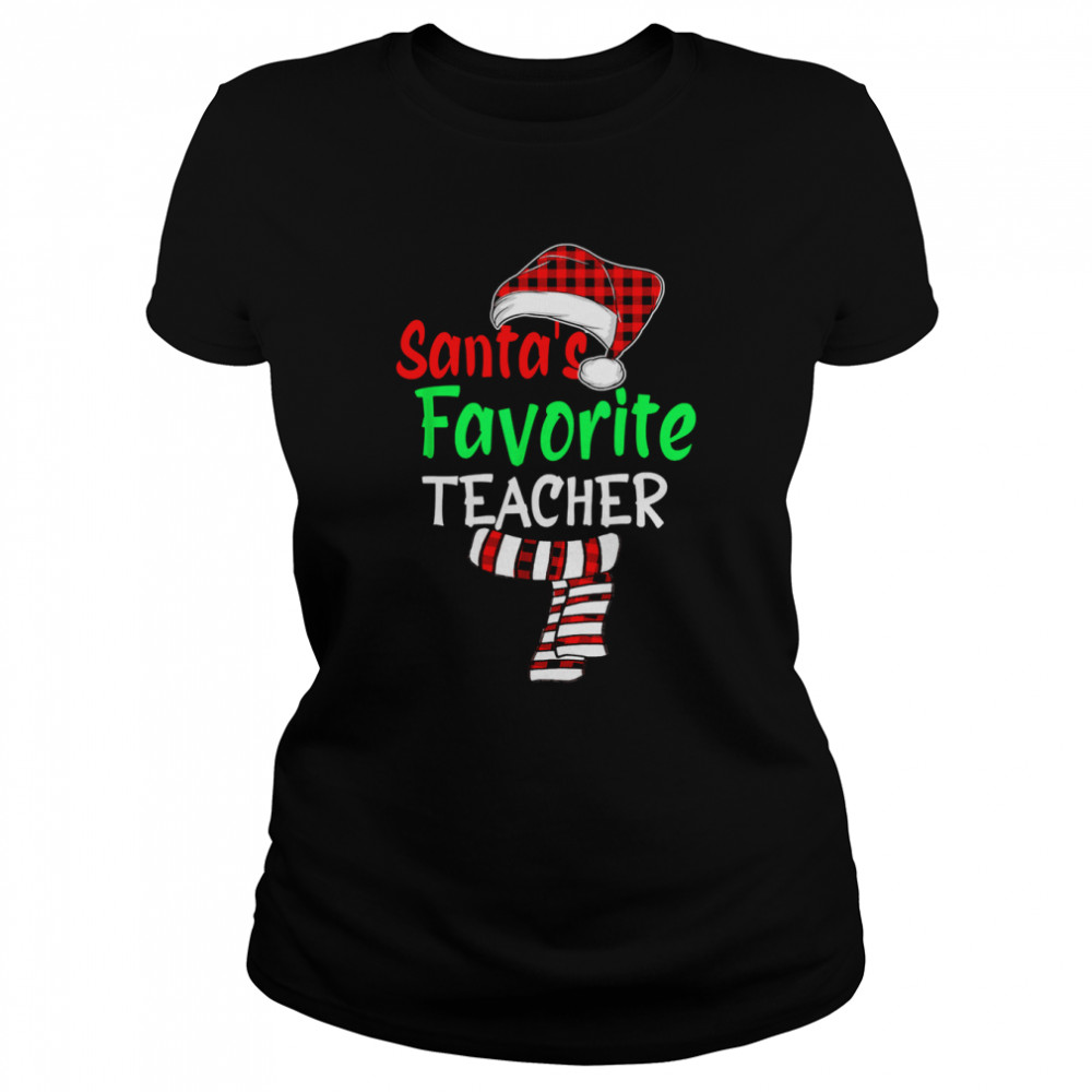 Santa’s Favorite Teacher Christmas Santa Red Plaid  Classic Women's T-shirt
